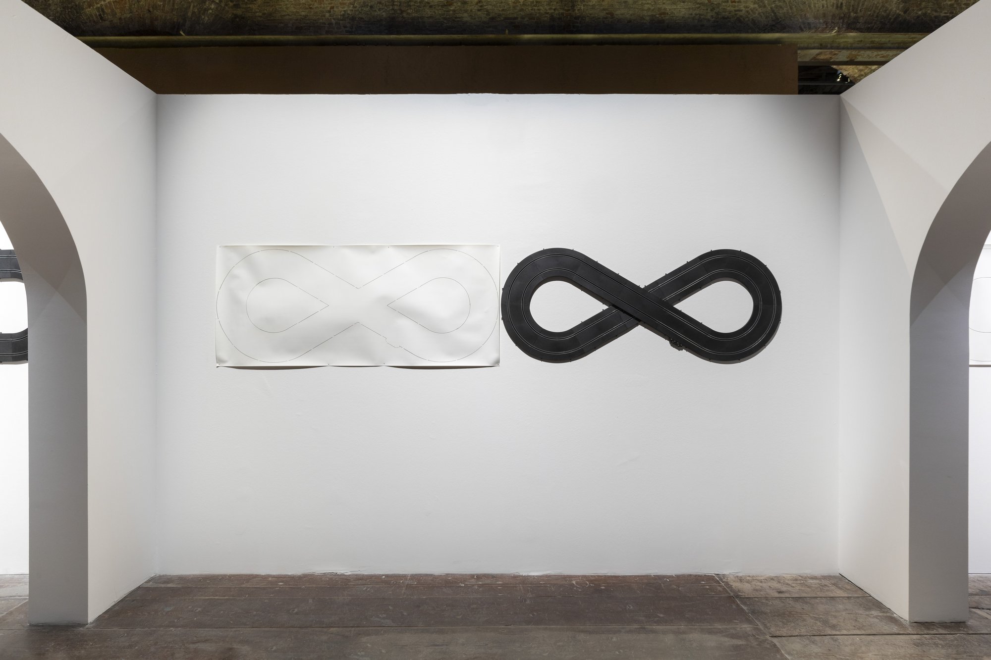Liliana Moro, Salti, toy car tracks (plastic and steel), drawings on paper, dimensions variable, 1997. Installation view, May You Live in Interesting Times, Italian Pavilion at 58th Venice Biennale, Venice, 2019