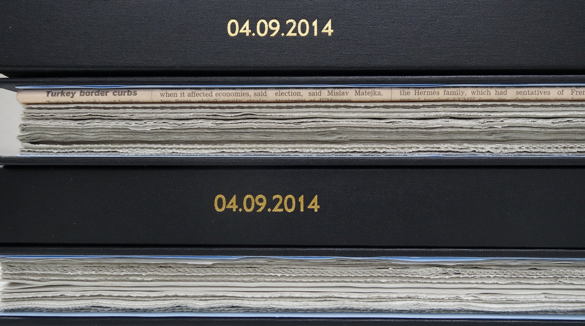Banu Cennetoğlu, 04.09.2014, detail, 46 volumes of newspapers printed in the UK on 04.09.2014, hardcover bound, 2014