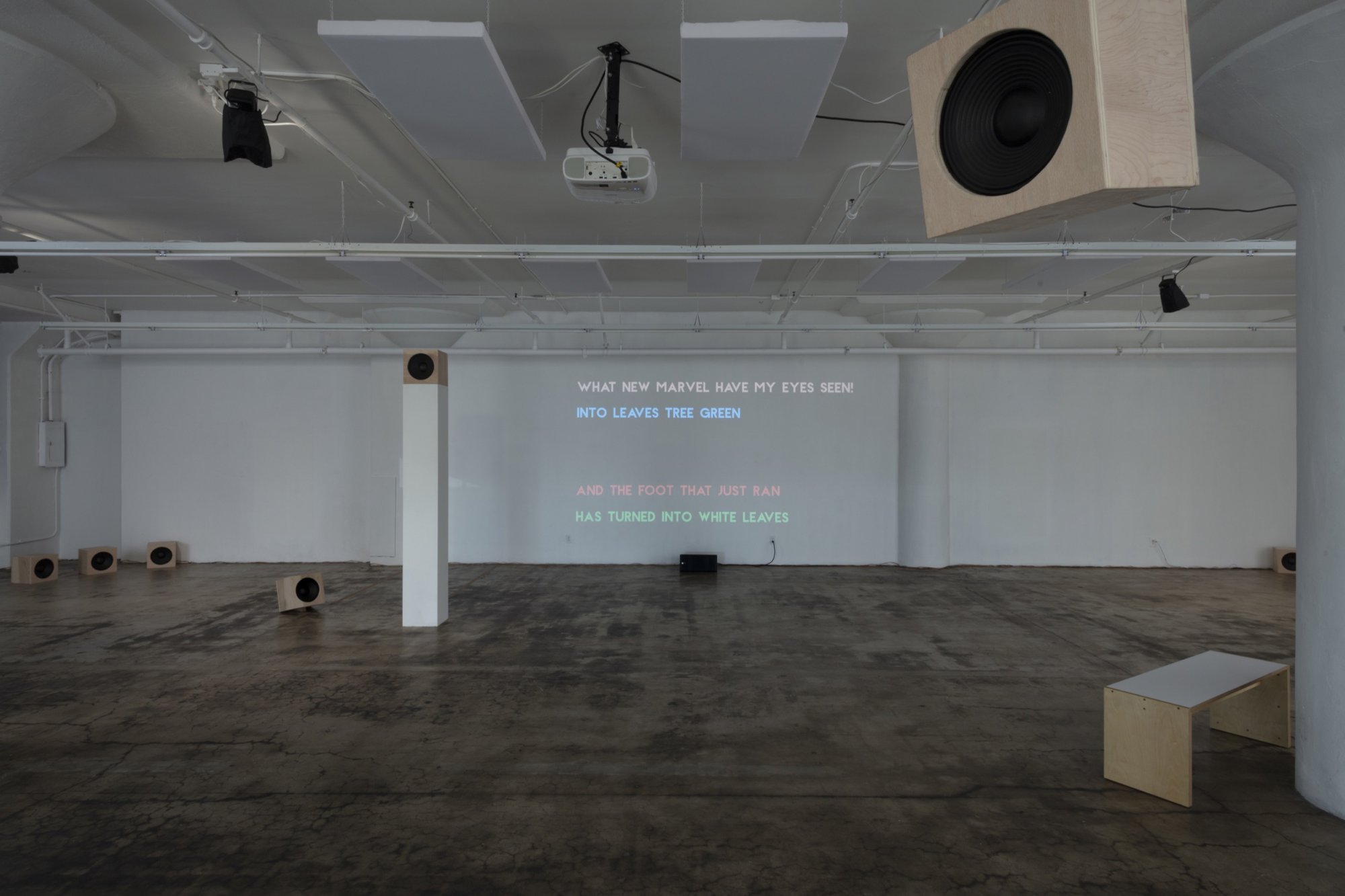 Nour Mobarak, Dafne Phono, 16-channel soud and single-channel video installation, 16 speakers in artist’s birch and red oak speaker cabinets, fabric, glass beads, video, duration: 21 min. 35 sec., dimensions variable, 2022Installation view, Nour Mobarak, Dafne Phono, Joan, Los Angeles, 2022