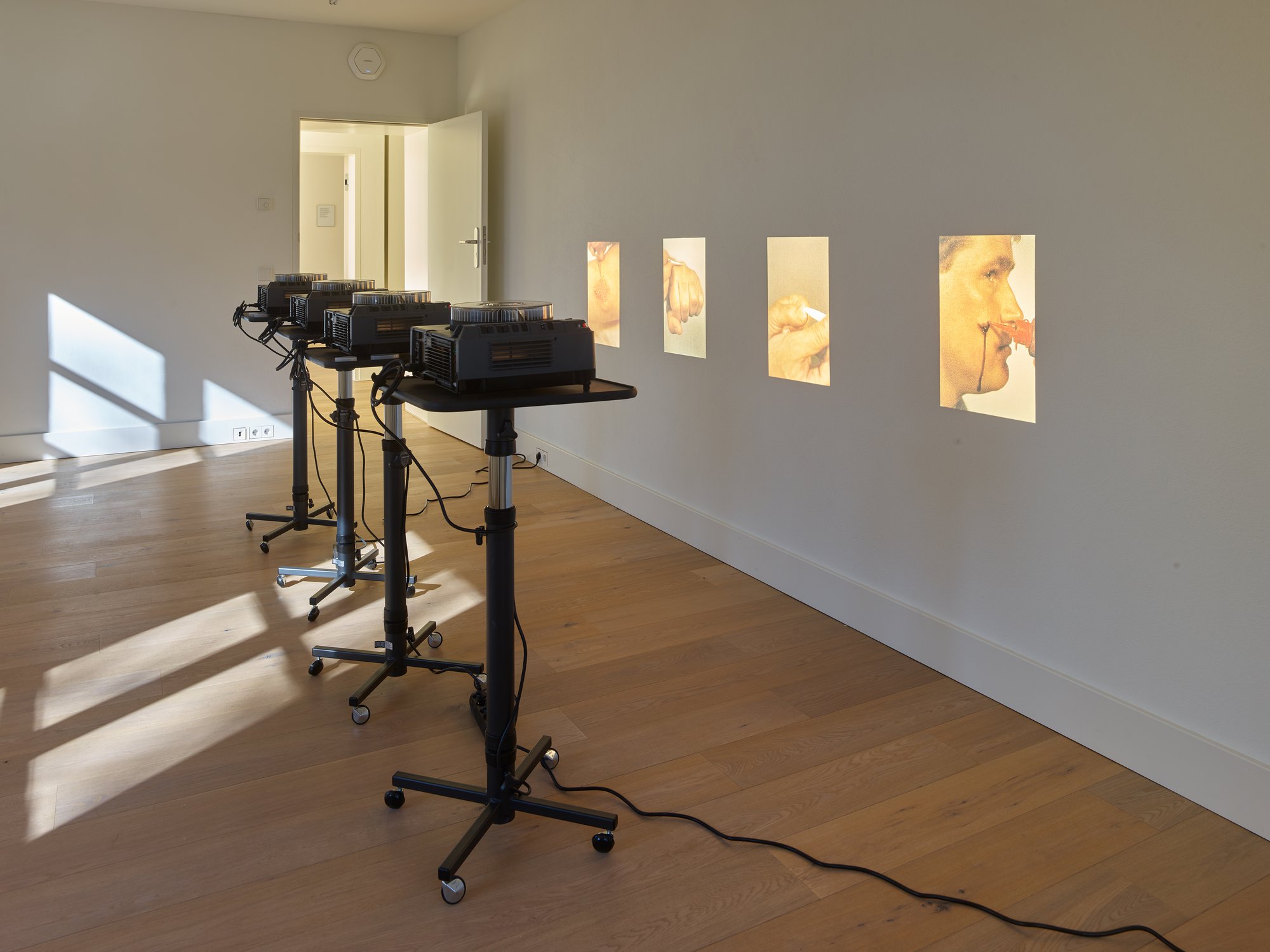 James Richards, The Screens, 35 mm slide installation, four sets of eighty DIA slides (320 slides in total), 2013. Installation view, When We Were Monsters, Haus Mödrath, Kerpen, 2021