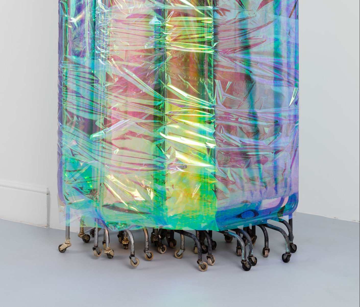 Ian Law, There was a body, I was there, was a body, detail, medical privacy screens with soft toy fur fabric and curtain netting, gift wrapped, 171 x 108 cm (67 3/8 x 42 1/2 in), 2015