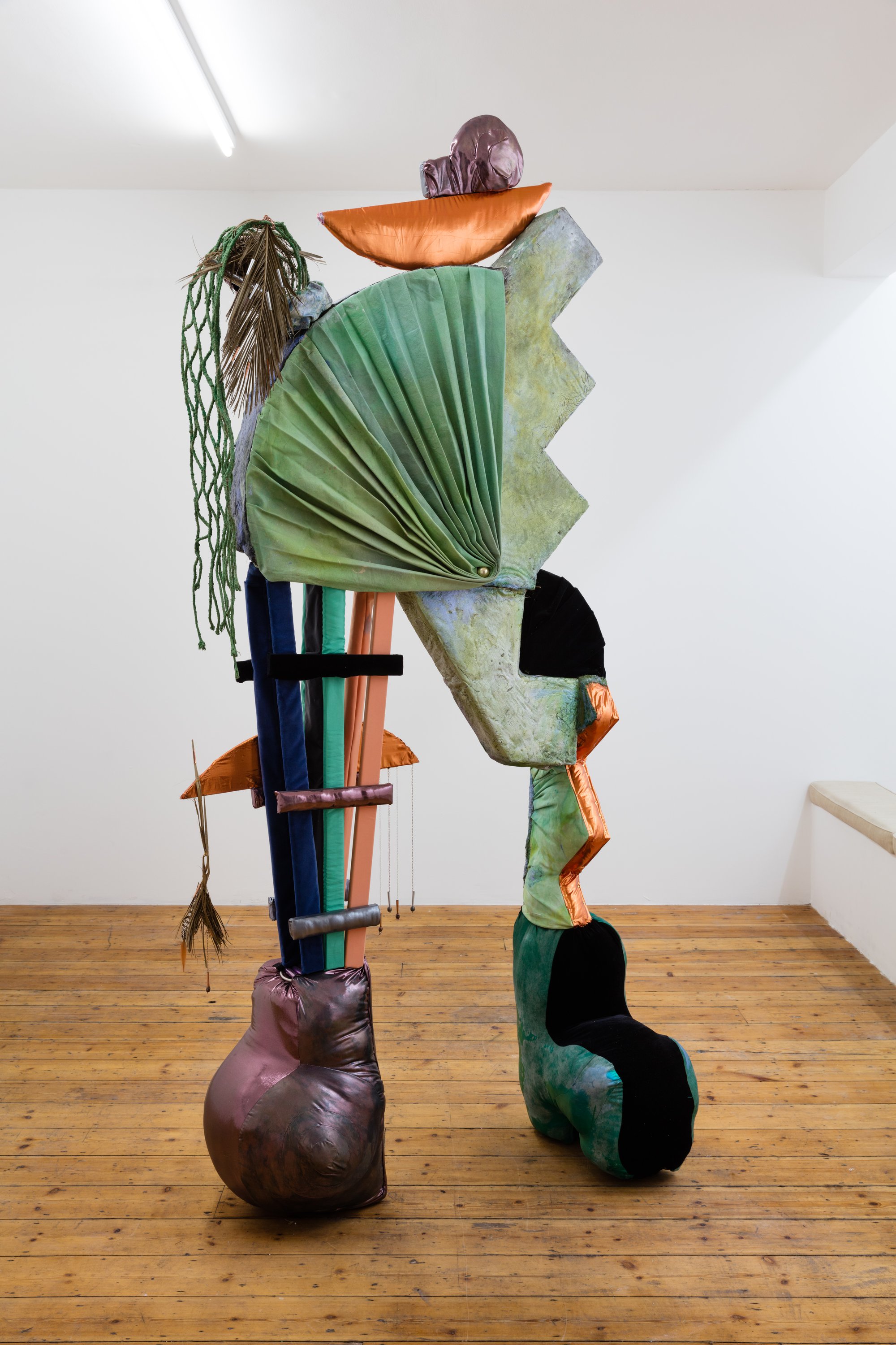 Tamara Henderson, The Scarecrow&#x27;s Holiday, textile, wood, glass, sand, pigment, rope, 260 x 112 x 56 cm (102 1/3 x 44 x 22 in), 2015