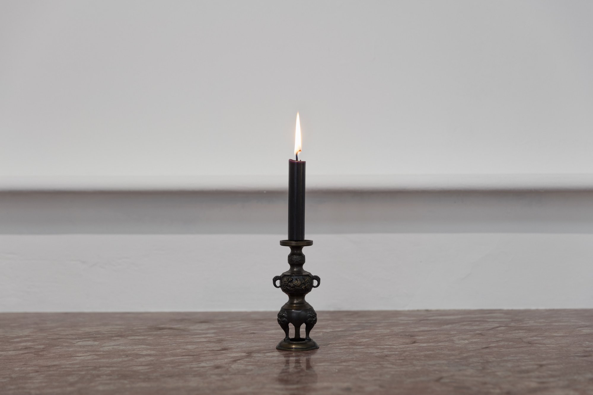 Haris Epaminonda, Untitled #01 a/w, detail, draped hand‐painted fabric (130 x 55 x 60 cm - 51 1/8 x 21 5/8 x 23 5/8 in), powder‐coated steel frame, black candle, old bronze Japanese candle holder, dimensions variable, 2016