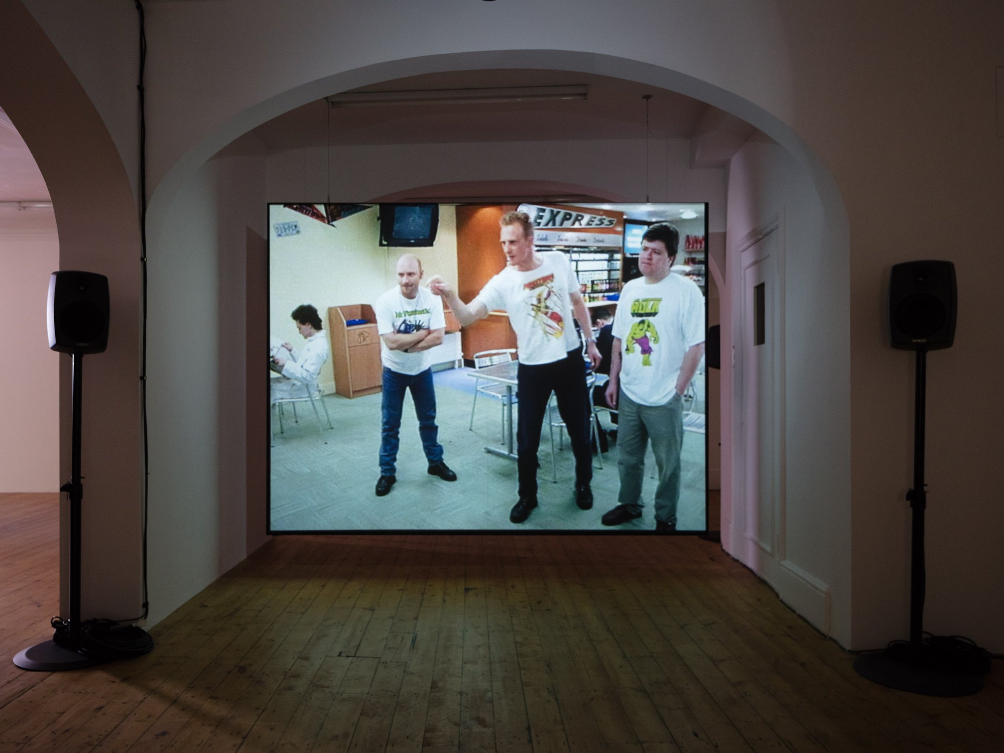 Mark Aerial Waller, Glow Boys, still, 16mm film to video, 14 min., 1998. Installation view, Leave nothing behind but your footprints and take nothing but your time, Rodeo, London, 2018