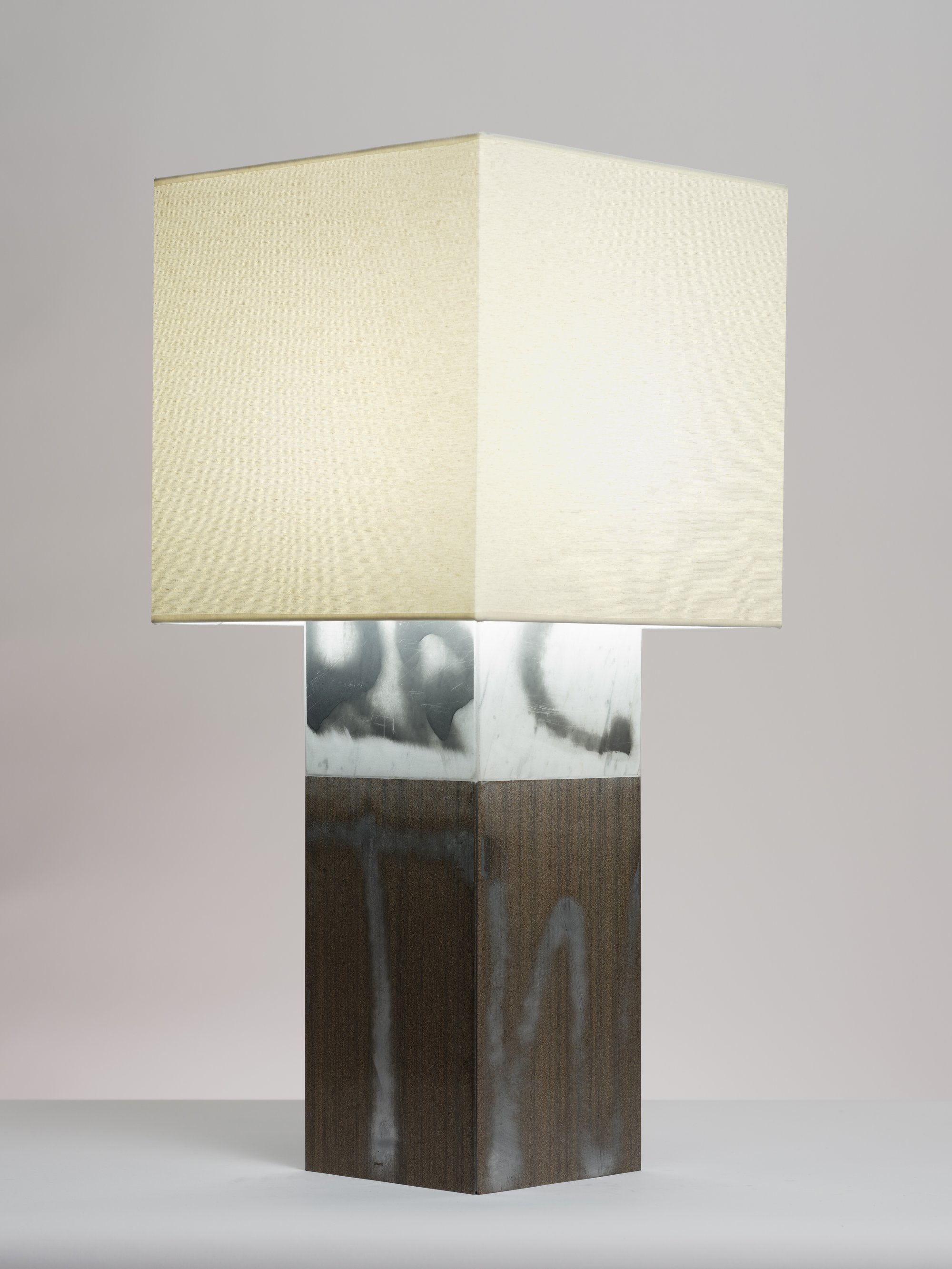 Christodoulos Panayiotou, Untitled, lamp, Carrara and Wenge marble base: 45 x 18 x 18 cm (17 3/4 x 7 1/8 x 7 1/8 in), Linetta fabric shade: 34 x 34.4 x 34.4 cm (13 3/8 x 13 1/2 x 13 1/2 in), light fitting, 2021