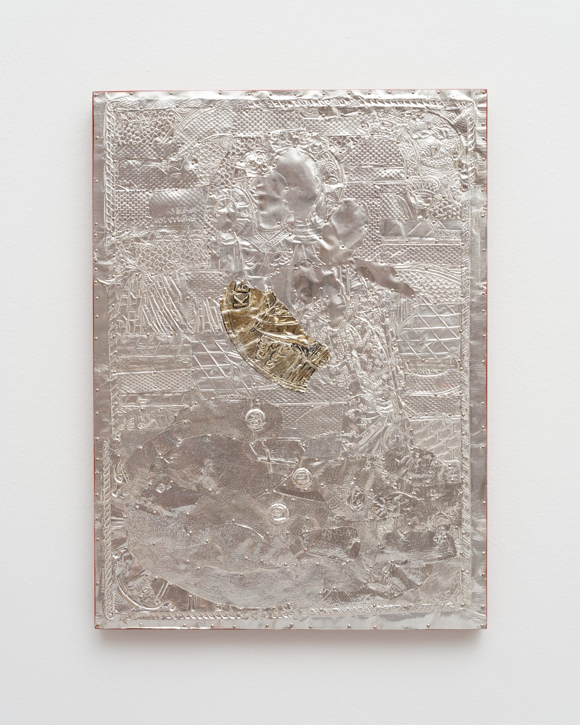 Christodoulos Panayiotou, Untitled, Collage of pure silver pressed revetment pieces on wood panel, stainless steel nails, 37 x 27 x 1.9 cm, 2023