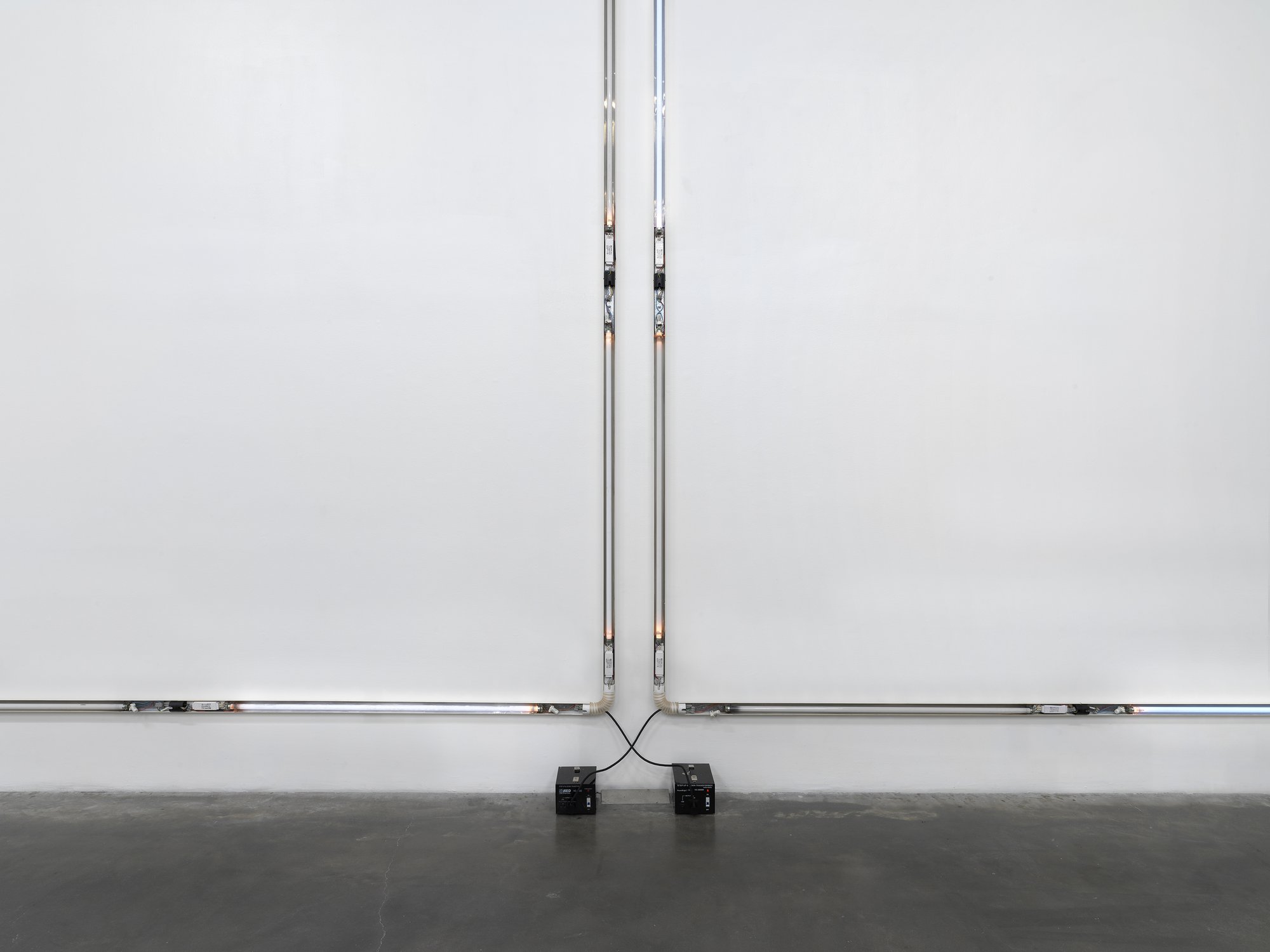 Iris Touliatou, Untitled (Still not over you), ceiling light fixtures, aluminium frame, fluorescents, wires, cable, transformers, 420 x 420 x 8 cm each (165 3/8 x 165 3/8 x 3 1/8 in each), 2021. Installation view, New Museum Triennial, Soft Water Hard Stone, New Museum, New York, 2021