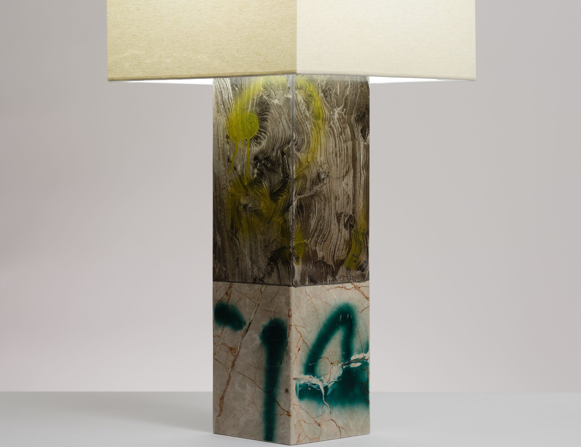 Christodoulos Panayiotou, Untitled, lamp, Cappuccino and Ligourio marble base, 50 x 14.5 x 14.5 cm (19 3/4 x 5 3/4 x 5 3/4 in); Linetta fabric shade, 34 x 34.4 x 34.4 cm (13 3/8 x 13 1/2 x 13 1/2 in), light fitting, 2021