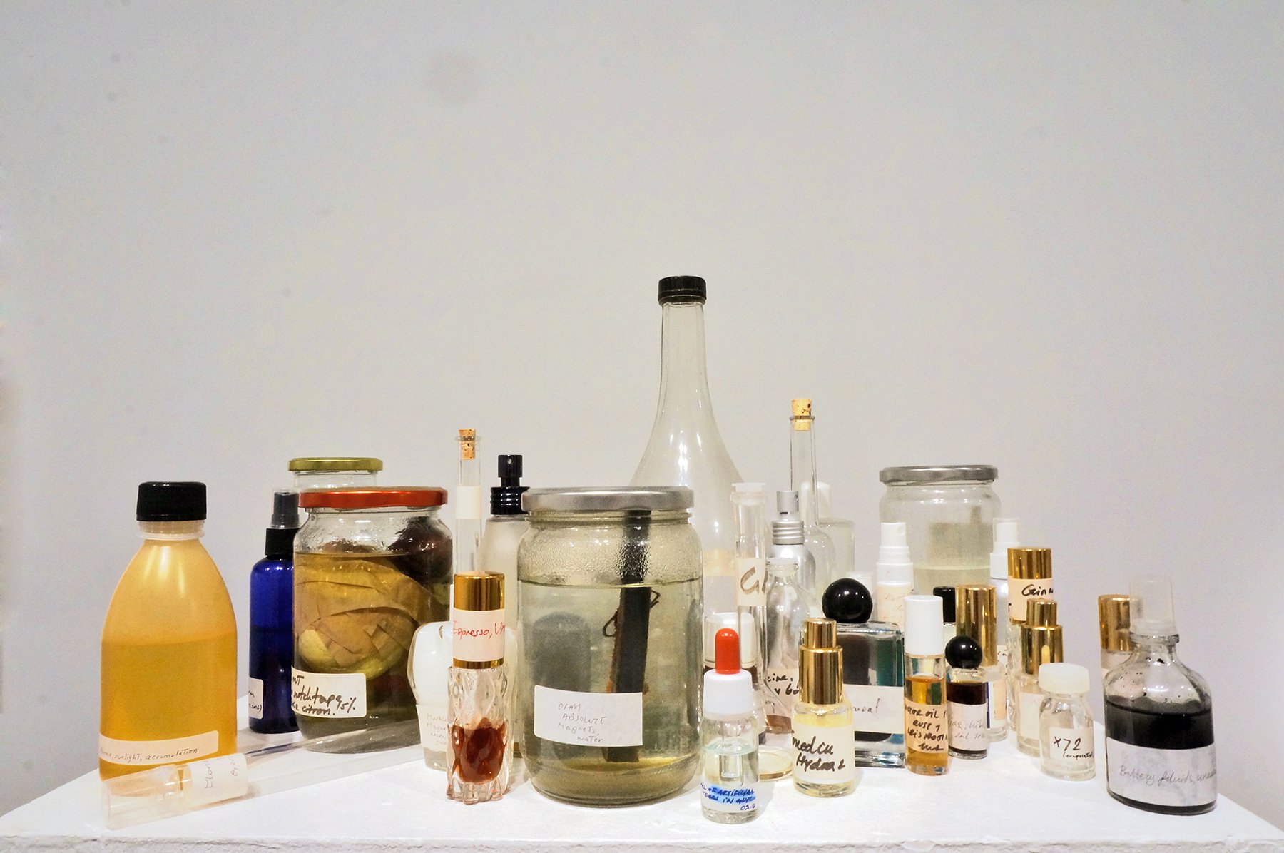 Iris Touliatou, Accords, Archive of airs and waters, glass vials, liquids, extracts, compositions, dimensions variable, ongoing since 2014. Installation view, Tramontane, Ileana Tounta Galllery, Athens, 2016