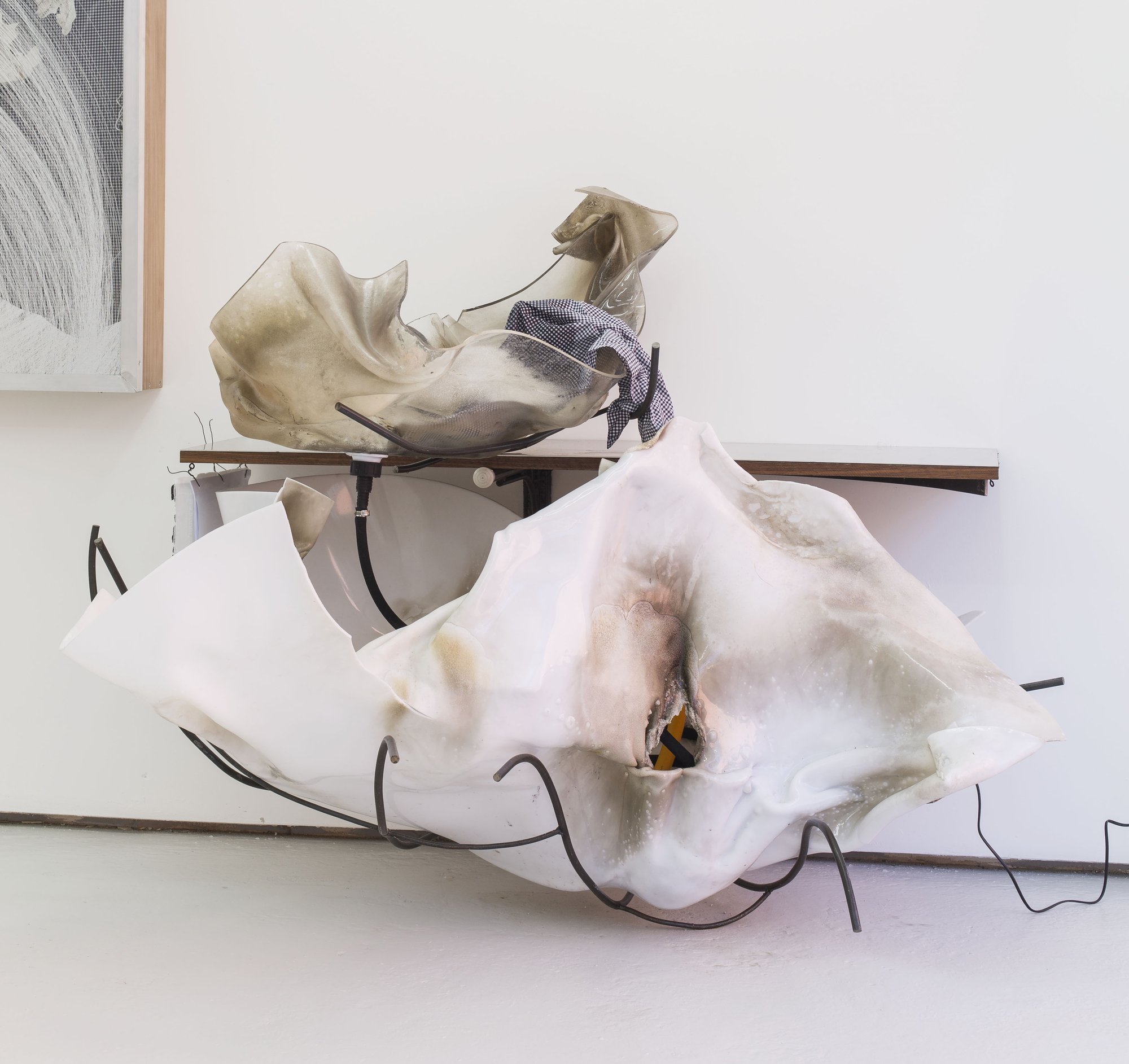 David Douard, S’, plastic, wood, metal, fabric, water pump, 130 x 155 x 110 cm (51 1/8 x 61 x 43 1/4 in), 2015