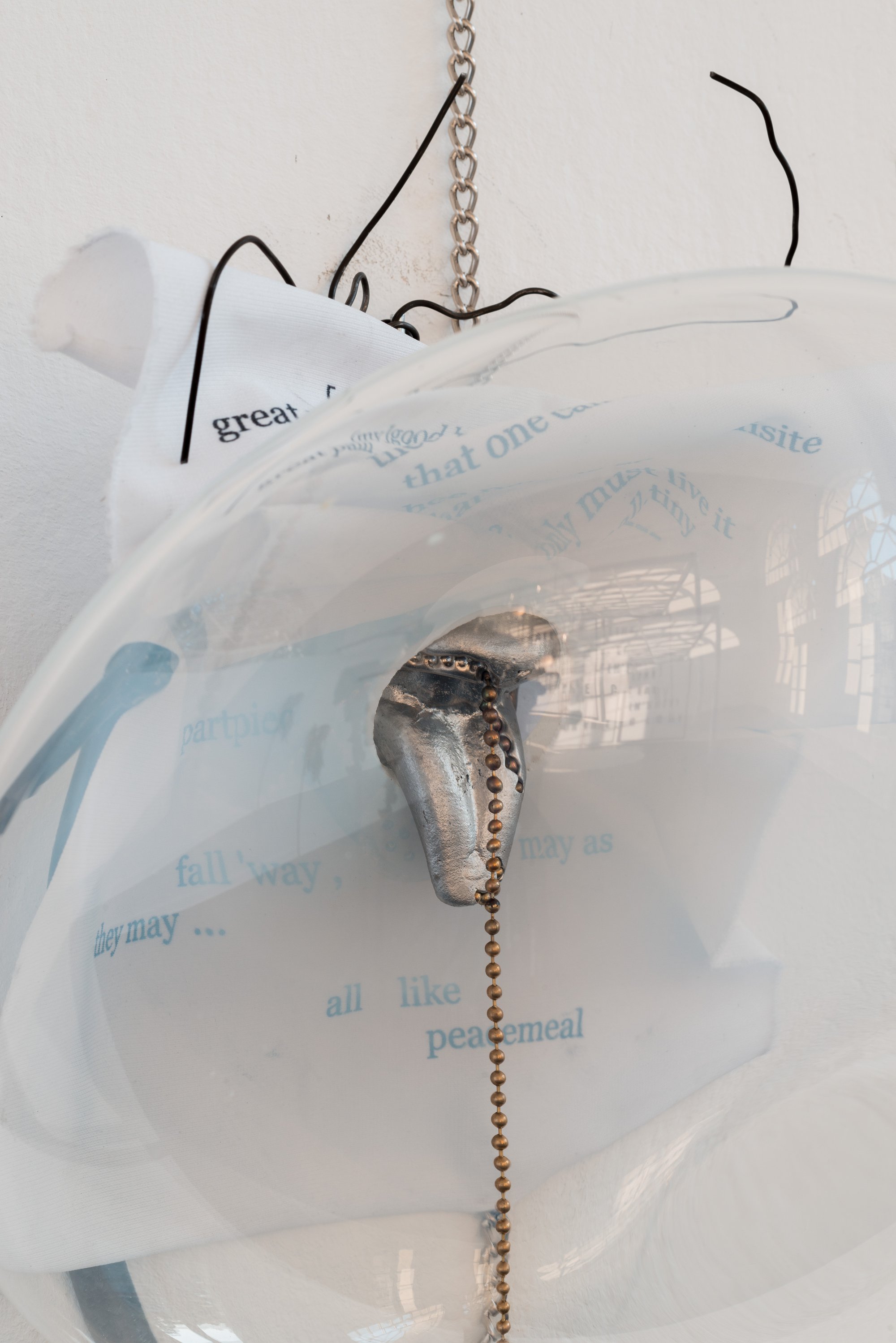 David Douard, WE, detail, glass ball, glass rod, metal chain, cooper and iron wires, printed document, aluminium, 2016
