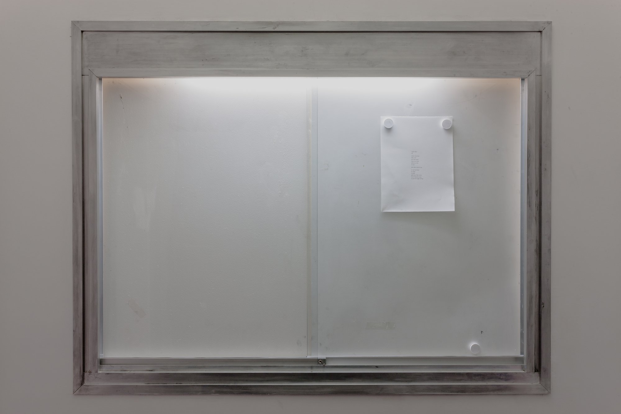 Duncan Campbell, Untitled, found metal vitrine and poem, 123.2 x 158.3 x 12 cm (48 1/2 x 62 3/8 x 4 3/4 in), 2015