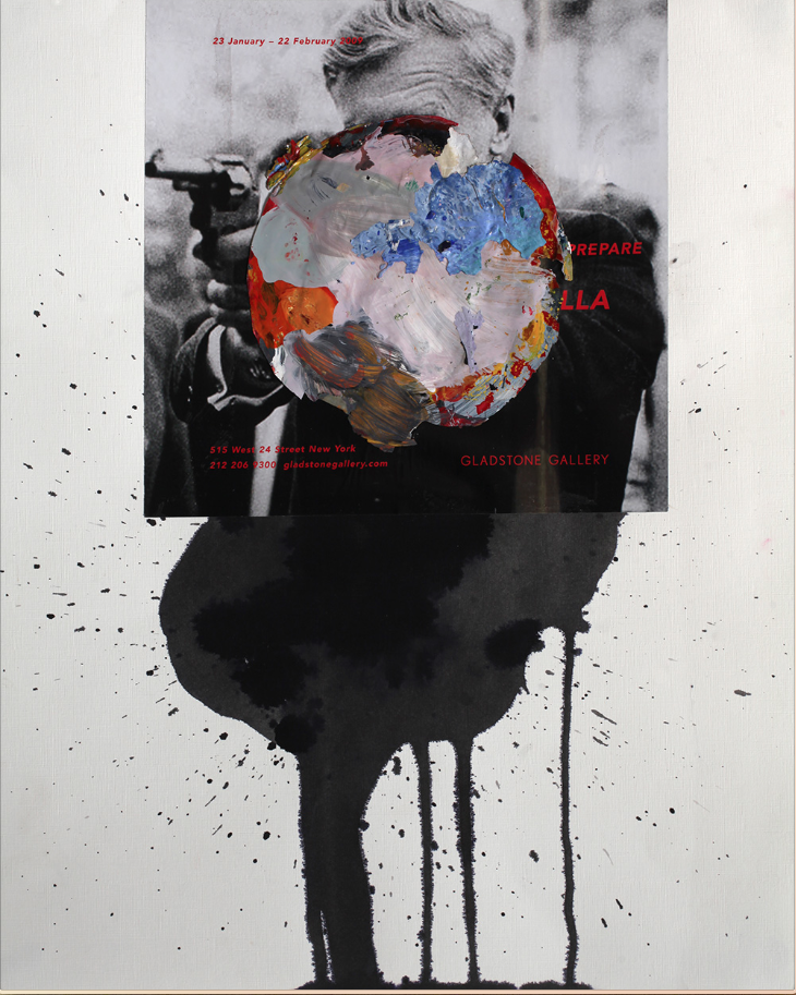 Hesam Rahmanian, Untitled, collage of recycled acrylic paint, magazine page, and ink on paper, 50.5 x 27.3 cm (19 7/8 x 10 3/4 in), 2015