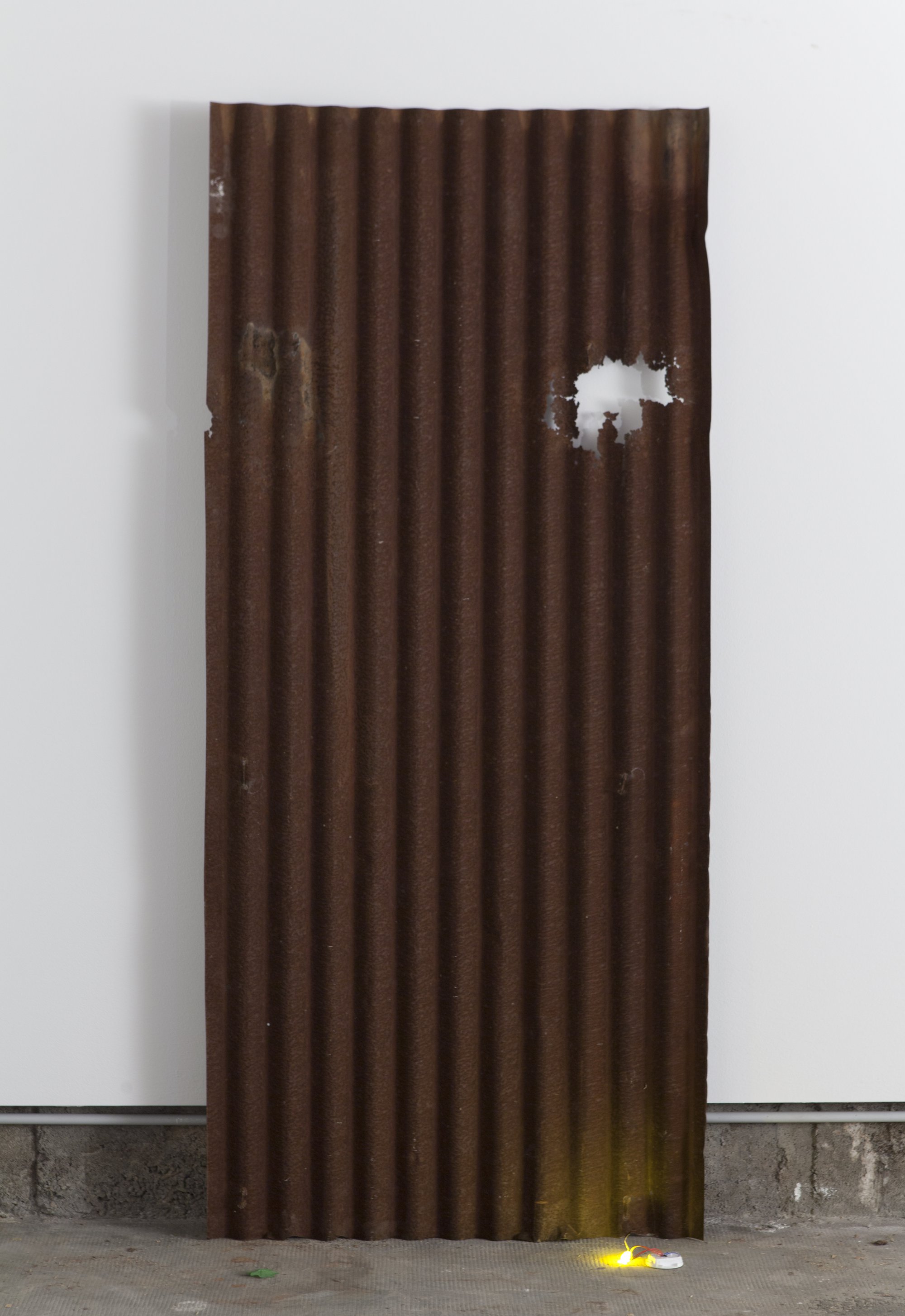 Ian Law, There Was A Body, I Was There, Was A Body, weathered corrugated steel, artificial candle electronics, 89 x 100 cm (35 x 39 1/3 in), 2014