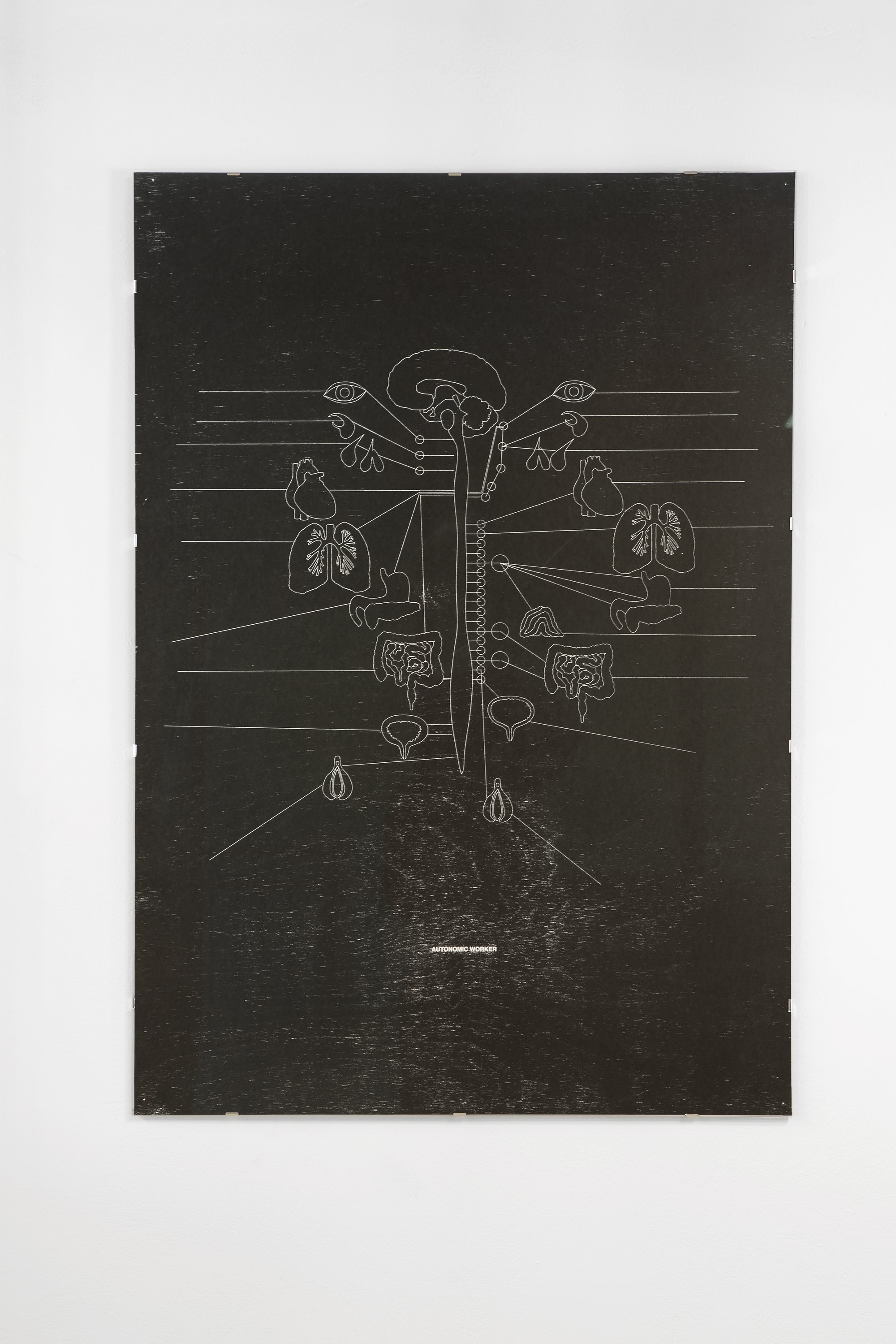Sidsel Meineche Hansen, Automatic Worker, Laser woodcut on paper, mounted on aluminium under museum glass 101.3 × 70.7 cm, 2013/2016. Installation view, Portals, NEON, Former Tobacco Factory, 2021