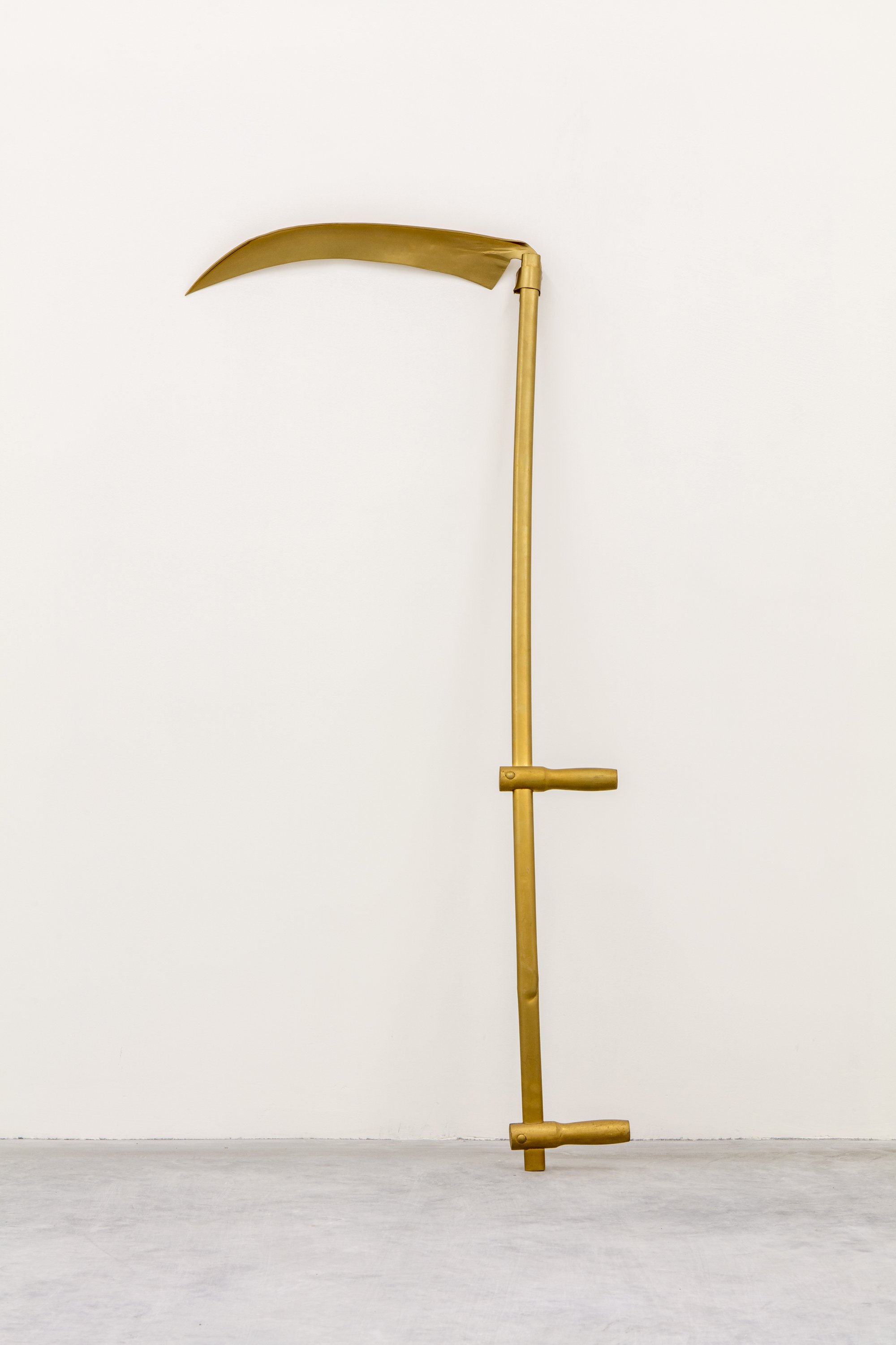 Liliana Moro, La rivoluzione non è più solo necessaria ma indispensabile, metal sickle gold-plated with spray paint, 150 x 60 cm, 2011