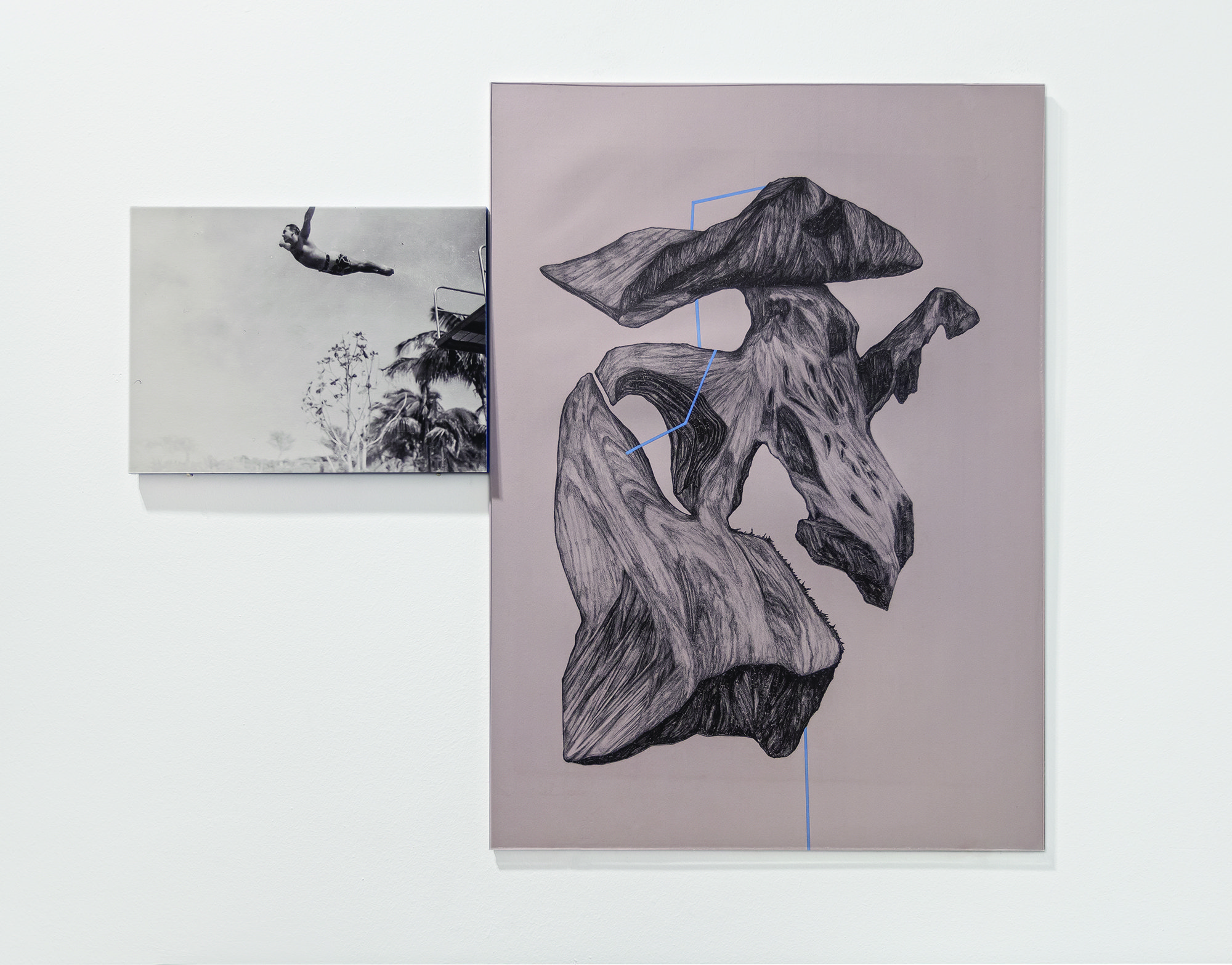 Emre Hüner, Diamond Head, Diving Man, diptych: lithography on silkscreen print on photograph on wooden panel, 68.2 x 49.5 cm &amp; 32.8 x 23.7 cm (26 7/8 x 19 1/2 in &amp; 12 7/8 x 9 3/8 in), 2013