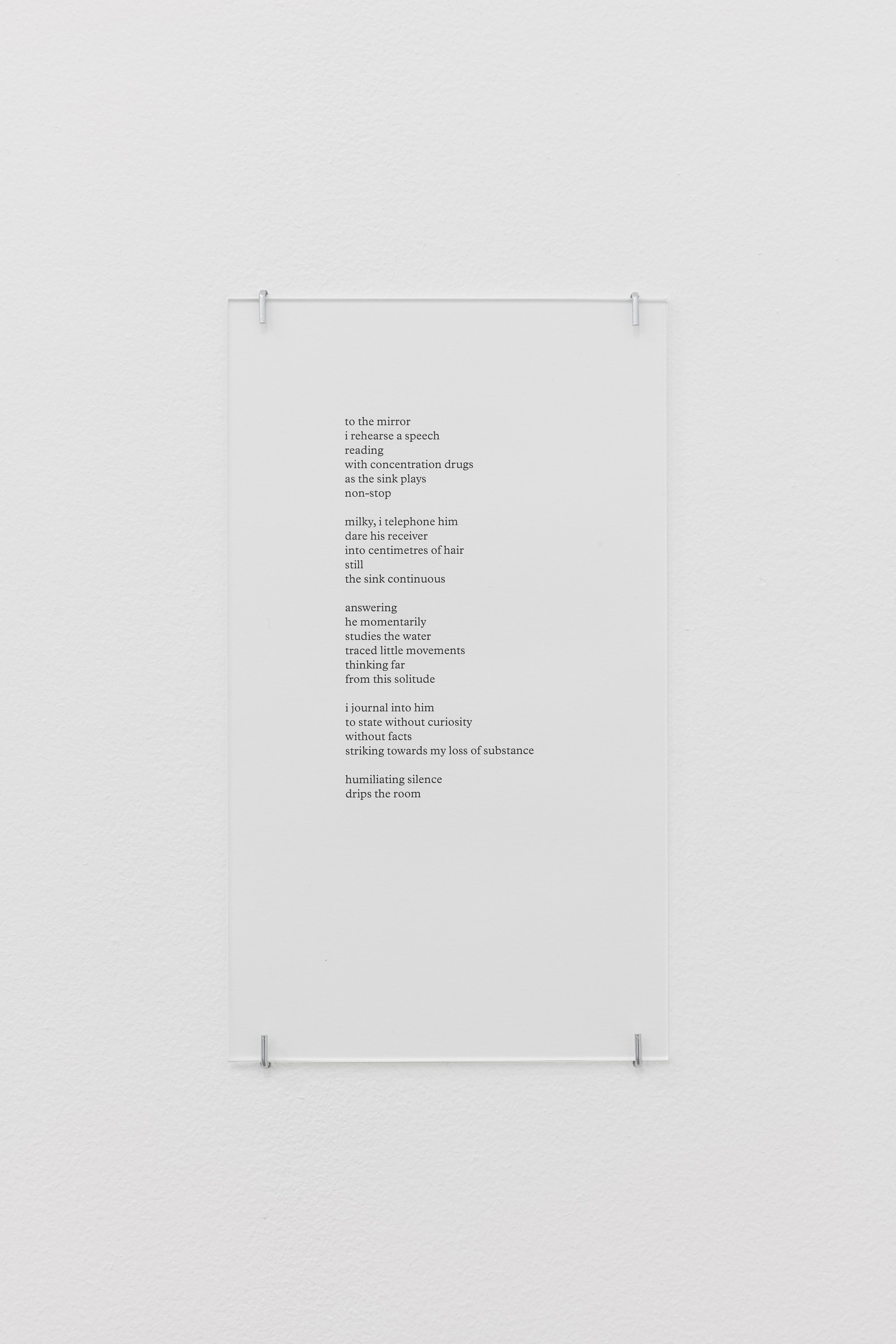 Ian Law, Bath Text (i - xiv), detail, digital prints on paper, each 22.5 x 13 cm, 2020. Installation view, Drips the Room, Piper Keys, London, 2020