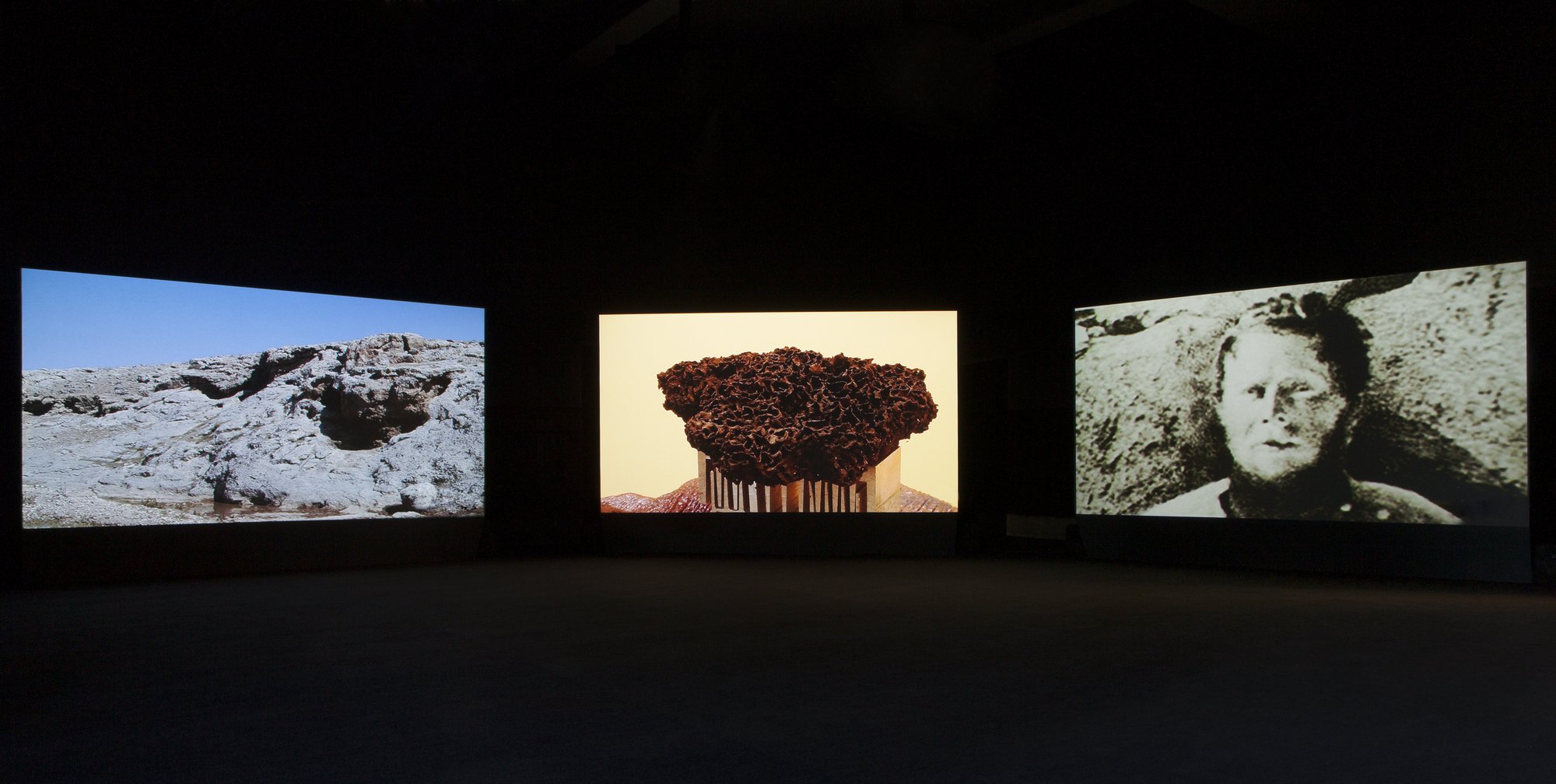 Emre Hüner, Neochronophobiq, HD video, 3 channel, 37 min. 28 sec., 2015. Installation view, Saltwater, 14th Istanbul Biennial, Istanbul, 2015