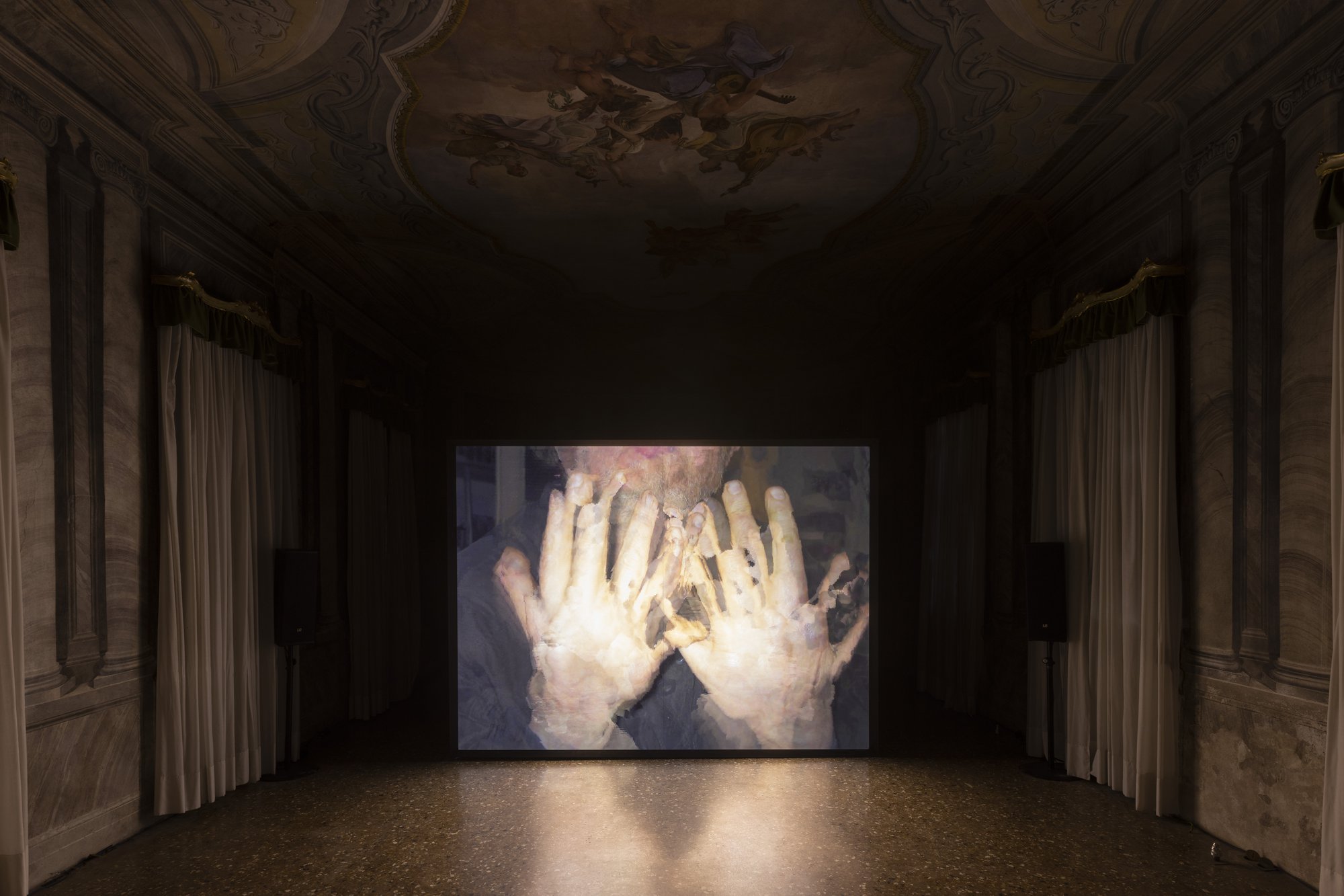 James Richards, Qualities of Life: Living in the Radiant Cold, digital video, colour, sound, 17 min., 2022. Installation view, Penumbra, Fondazione In Between Art Film, Complesso dell’Ospedaletto, Venice, 2022