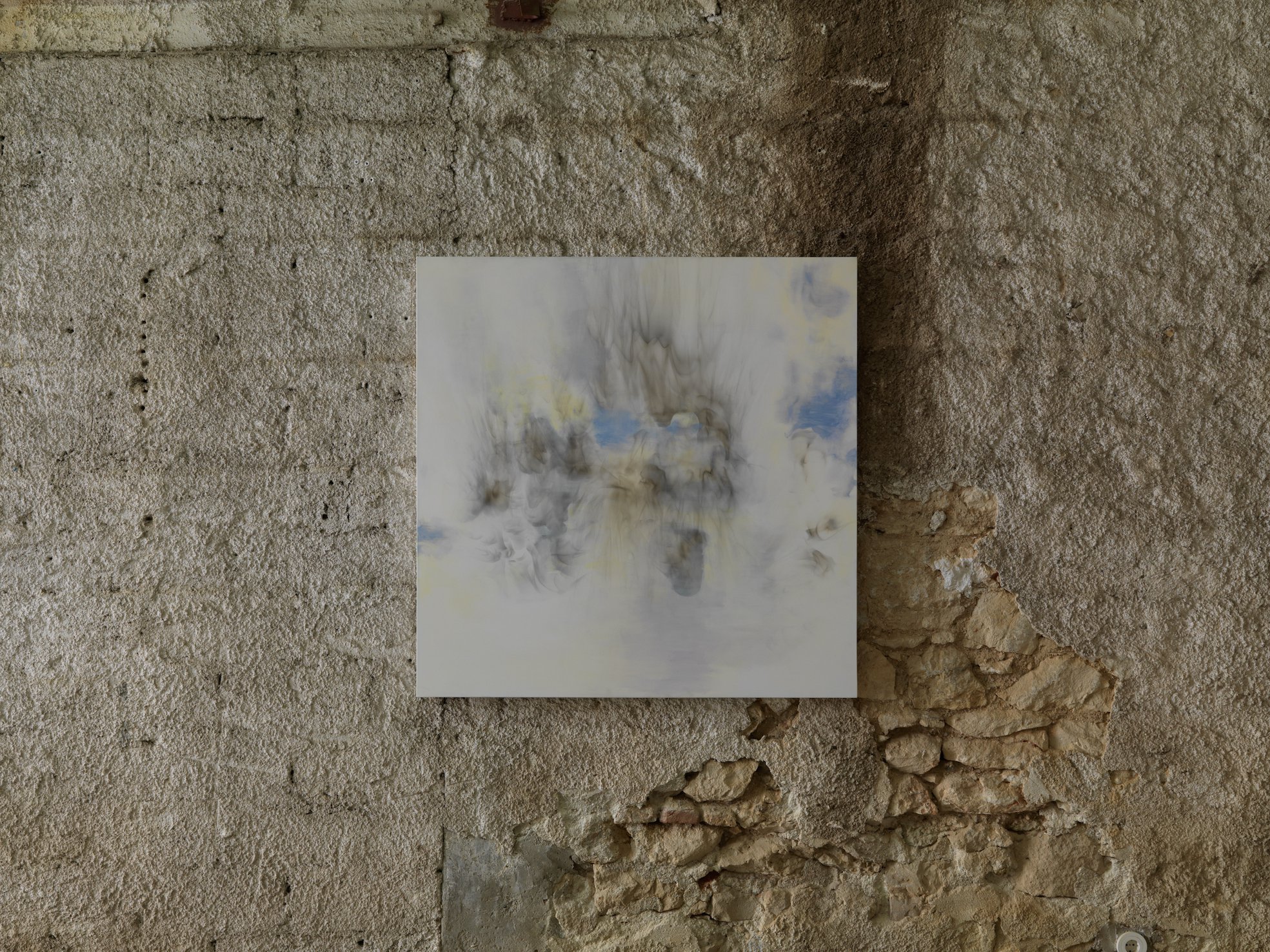 Eftihis Patsourakis, Untitled, oil, acrylic and smoke on canvas, 118 x 118 x 4 cm (46 1/2 x 46 1/2 x 1 5/8 in), 2022. Installation view, Ζωγραφική, Rodeo, Piraeus, 2023