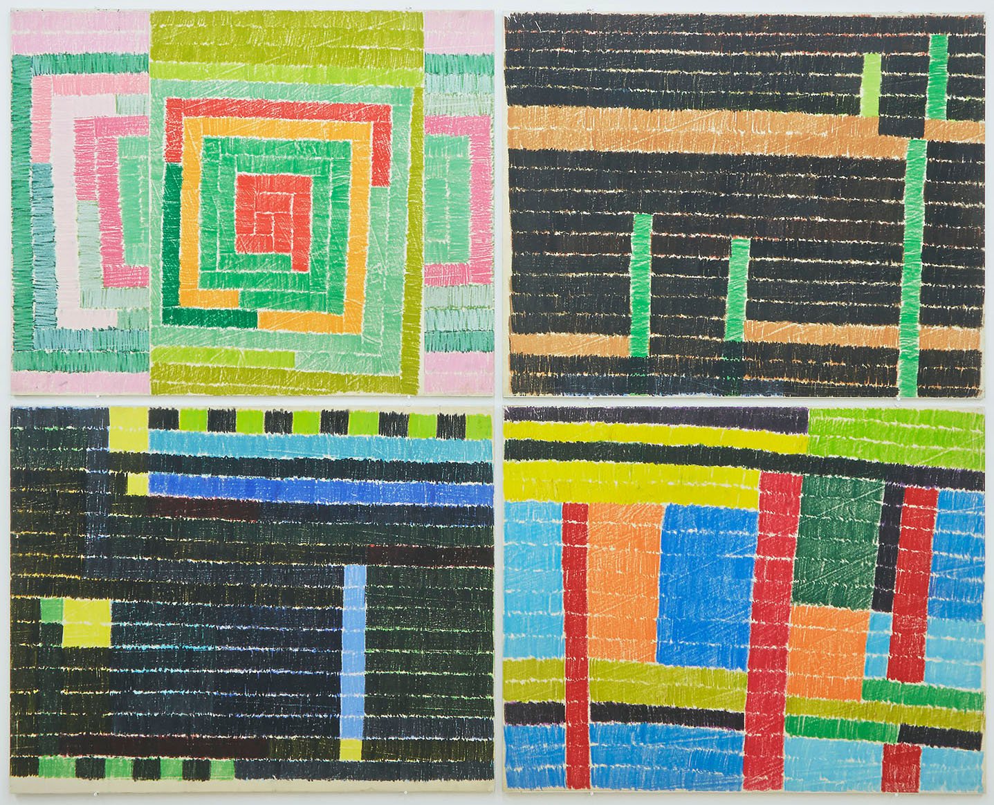 Lukas Duwenhögger, (L-R) Aztec; Gardens by Night; Oil Pits by Night; The Railway Bridge, oil pastels on paper mounted on wood, 89 x 112 cm each (35 x 44 1/8 in each), 1977