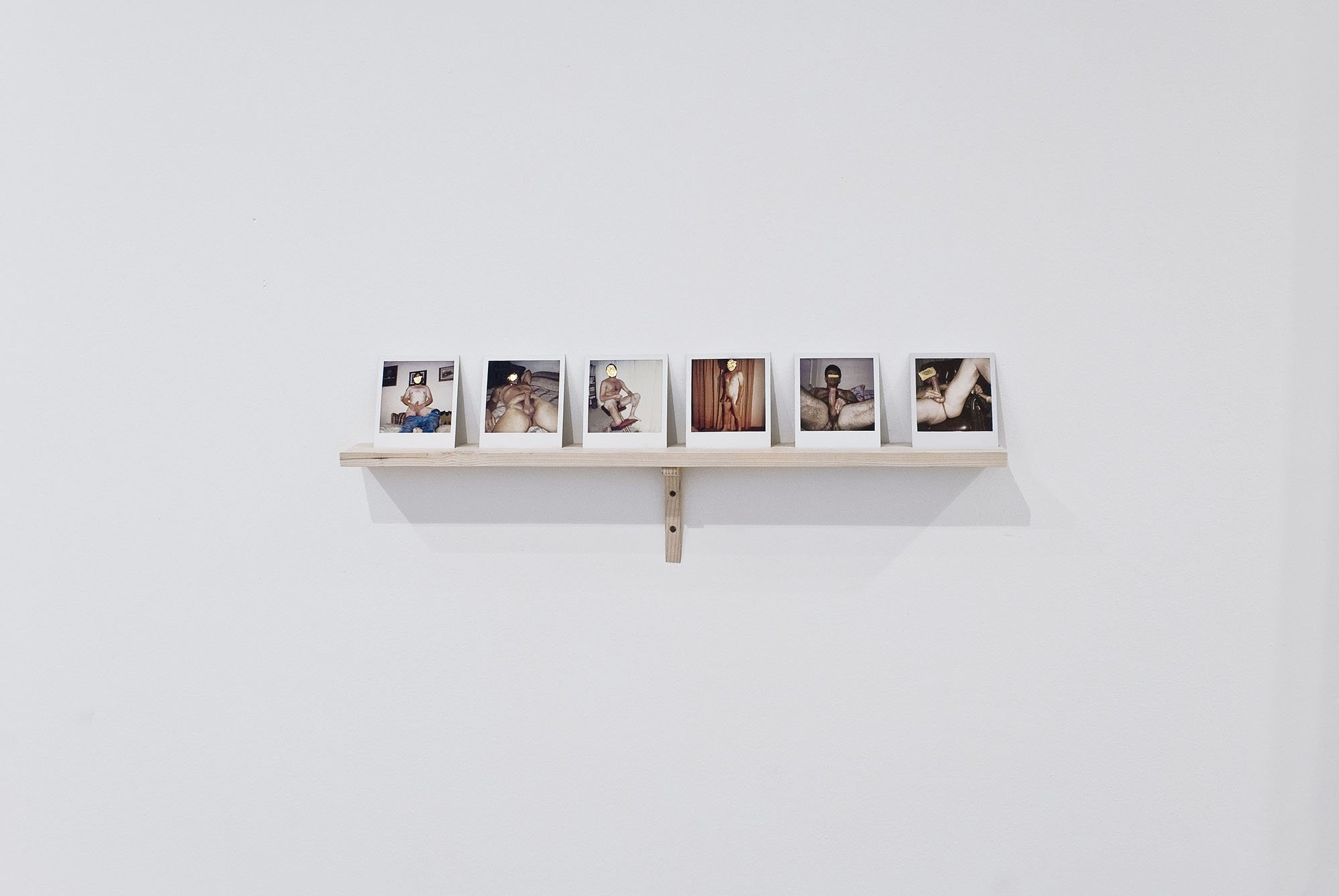 Steve Reinke, Untitled: The Flawed and the Fallen, six found polaroids with metal leaf on a shelf, 8.8 x 10.9 cm (3 1/2 x 4 1/4 in), 2004