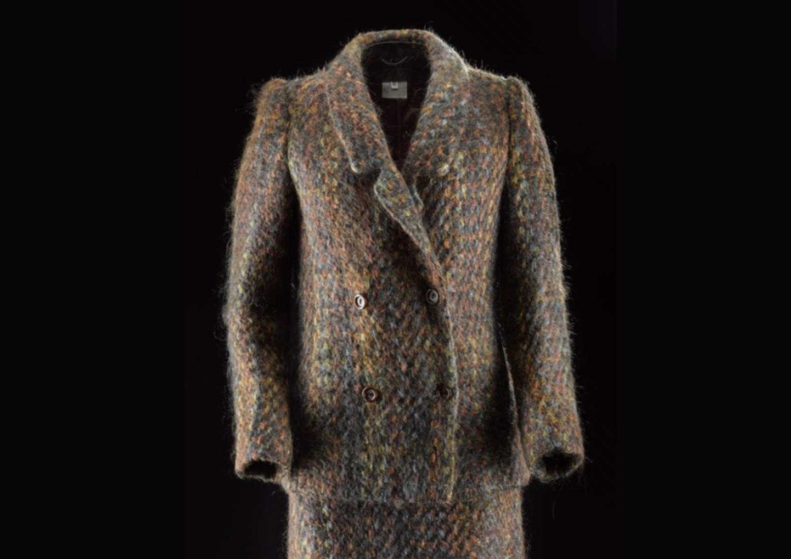 Fabric designed by Bernat Klein, garment possibly designed by Janet Medd, Woman&#x27;s suit in wool and mohair tweed in yellow, green, blue-grey, dark blue, orange, red and medium and dark brown, 1980-1981