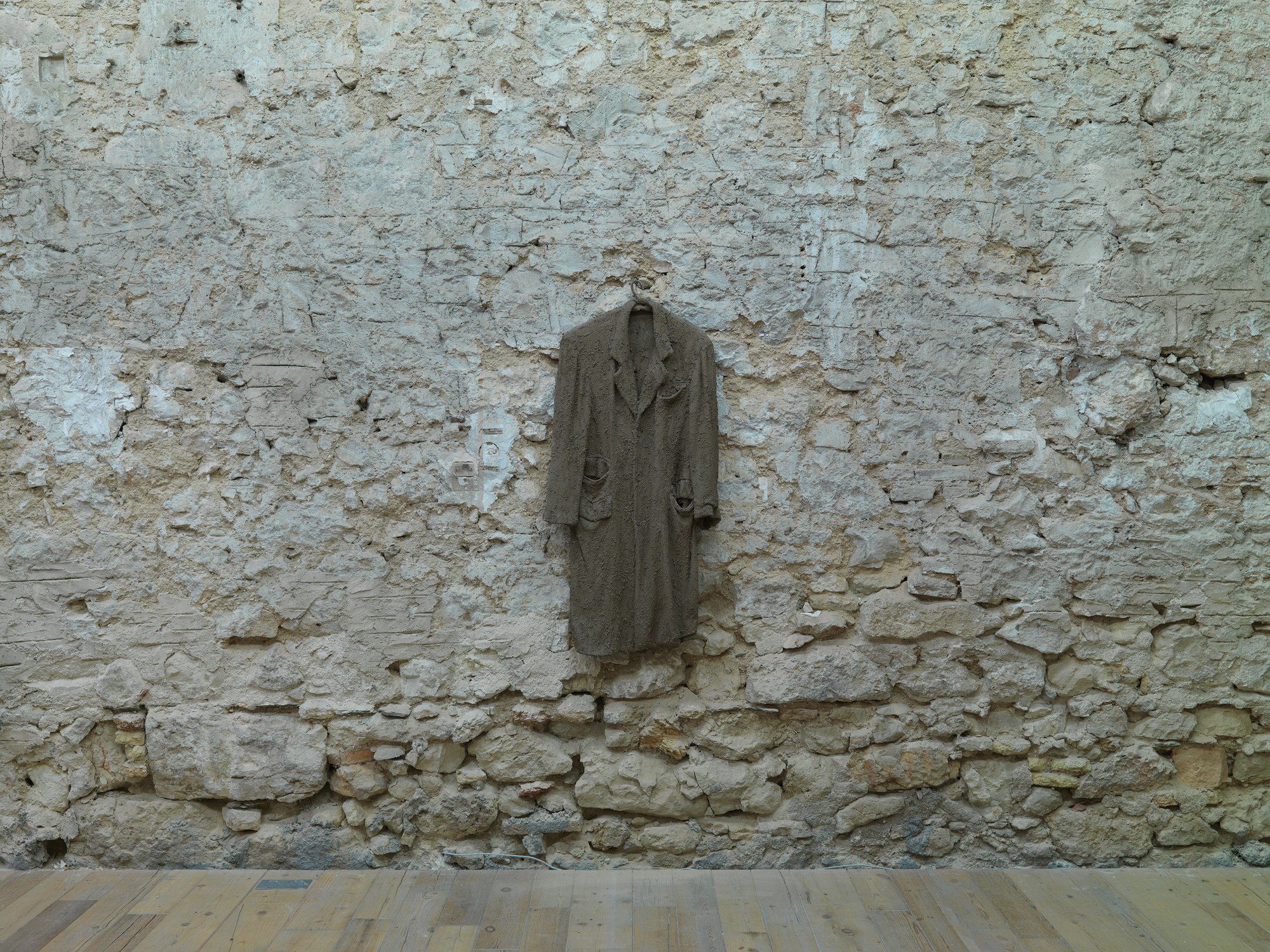 Thanasis Totsikas, Untitled, coat dipped in soil, 60 x 130 cm (23 5/8 x 51 1/8 in), 1980 – 2022. Installation view, Miracles, Rodeo, Piraeus, 2022