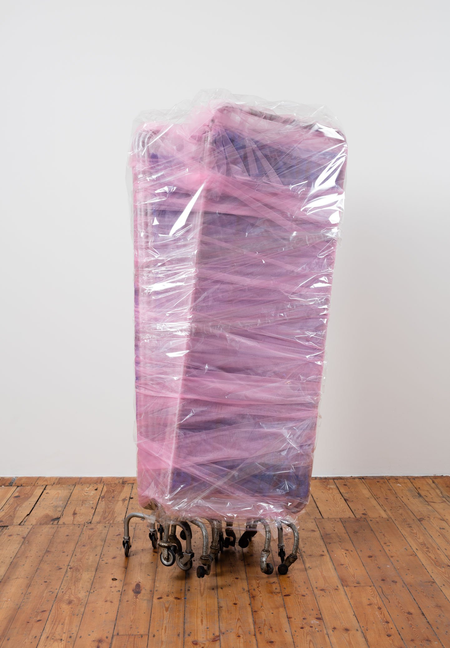 Ian Law, There was a body, I was there, was a body, medical privacy screens with soft toy fur fabric, curtain netting and organza, gift wrapped, 172 x 86 x 47 cm (67 3/4 x 33 7/8 x 18 1/2 in), 2016