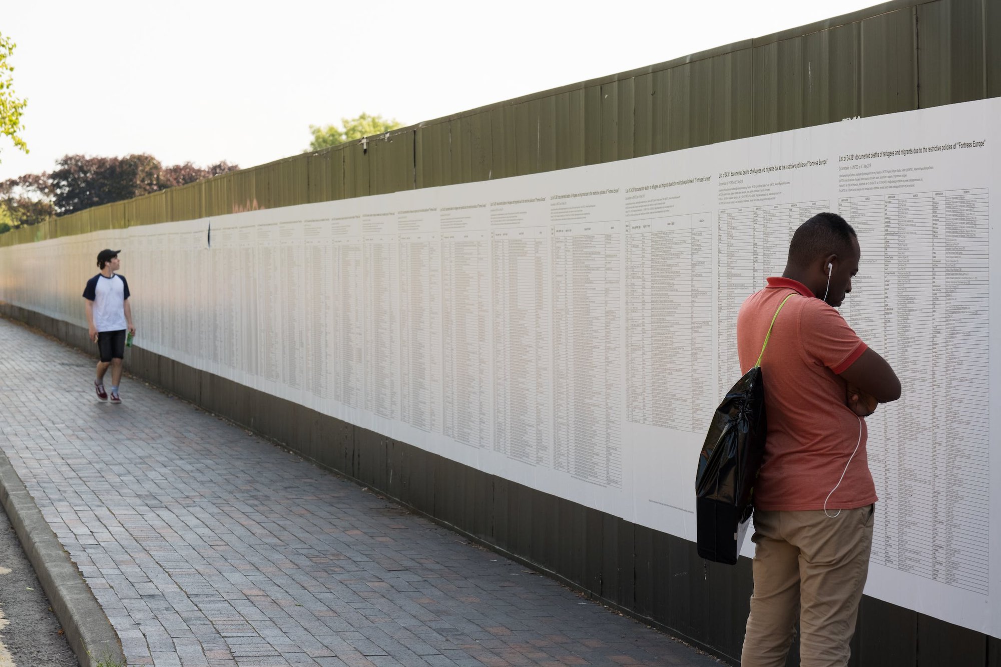 Banu Cennetoğlu, The List, list of 34,361 documented deaths of asylum seekers, refugees and migrants who have lost their lives within or on the borders of Europe since 1993. Documentation as of 5 May 2018 by UNITED for Intercultural Action. Installation view, The List, Great George Street, Liverpool Biennial, 2018