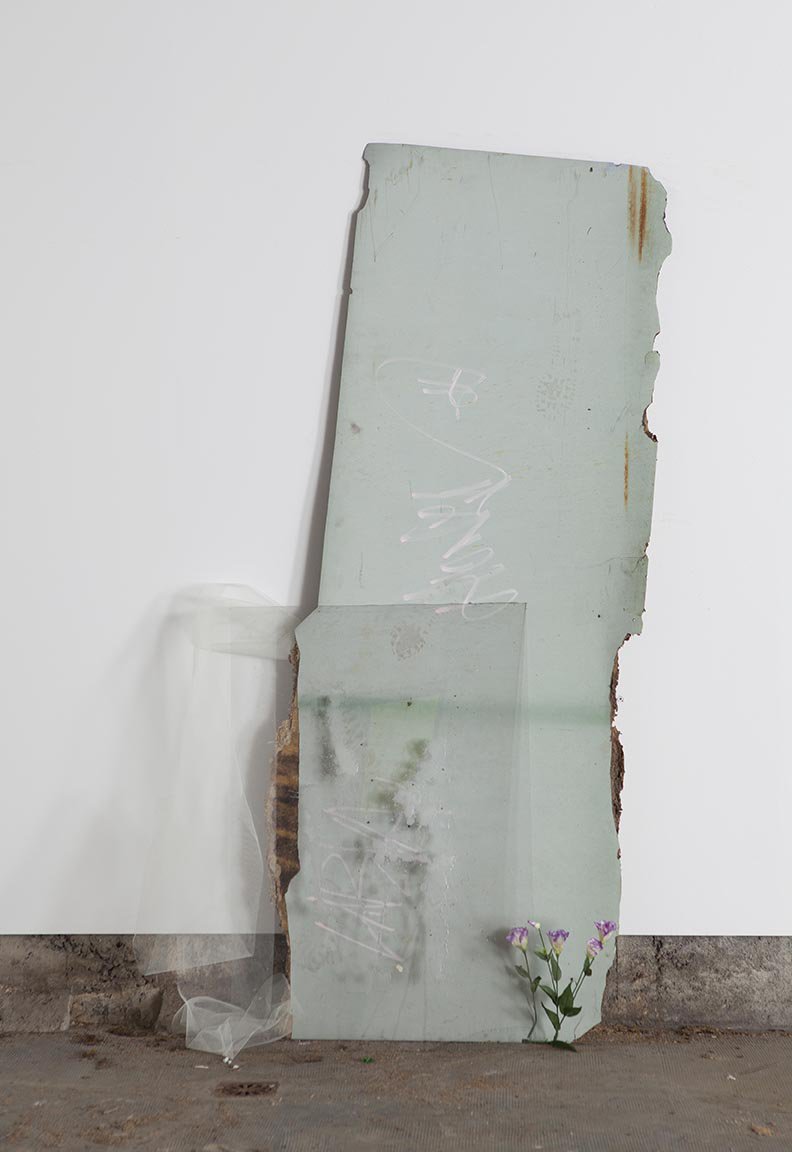 Ian Law, There Was A Body, I Was There, Was A Body, weathered laminated chipboard, plexiglass, wax, artificial flowers, florist’s gauze, 110 x 220 cm (43 1/3 x 86 2/3 in), 2014
