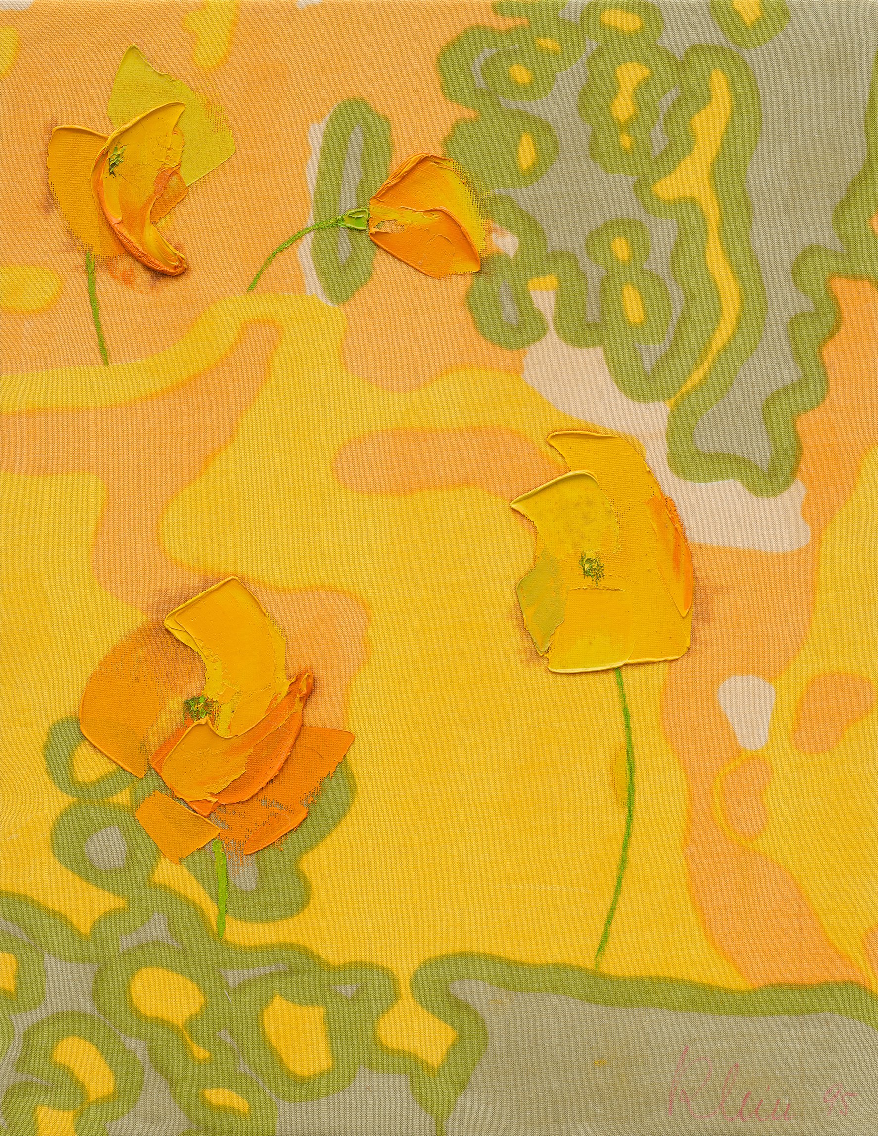 Bernat Klein, Yellow Poppies, oil on screen printed knitted jersey polyester (Diolen), 47 x 36 cm (18 1/2 x 14 1/8 in), 1995